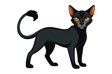 Elegant Black Cat with Striking Golden Eyes Standing Confidently with a Curled Tail and Alert Expression Posing Intensely