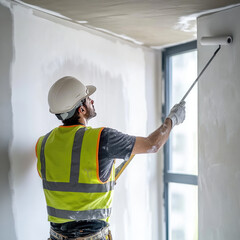 young indian worker doing painting on the white wall with a roller