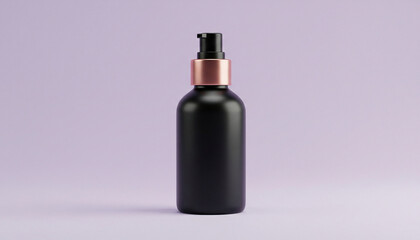 Black bottle with pump dispenser and copper colored band on lavender background., designed for commercial cosmetic mockups, modern skincare branding