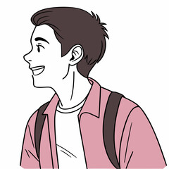 Smiling young man with backpack, illustration of a person in side view