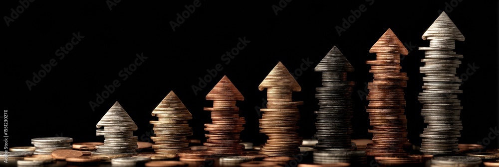 Poster coins transform into upward arrows symbolizing growth and progress in abstract minimalist style