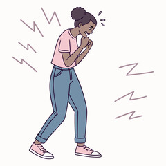 Illustrated young woman experiencing heightened anxiety amidst visual disturbances