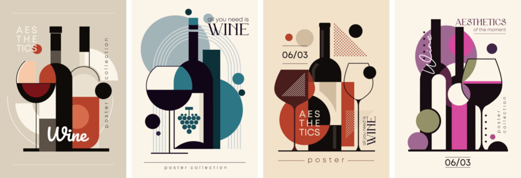 Beautiful and Artistic Wine Poster Collection Featuring Geometric Shapes and Bold Colors