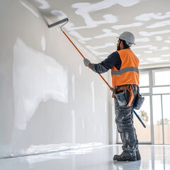 young indian worker doing painting on the white wall with a roller