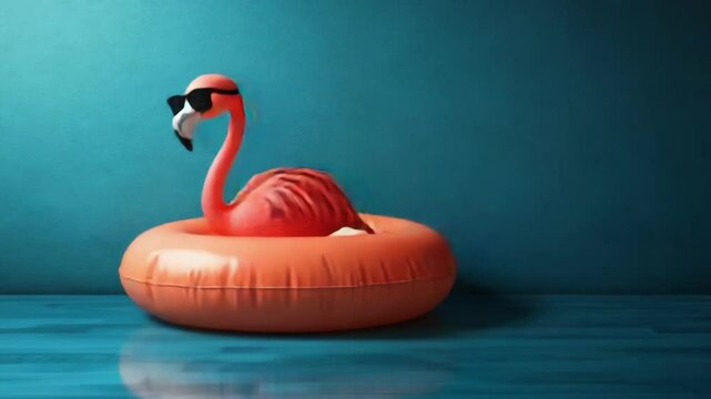 Flamingo floatie with sunglasses on wooden floor against teal wall
