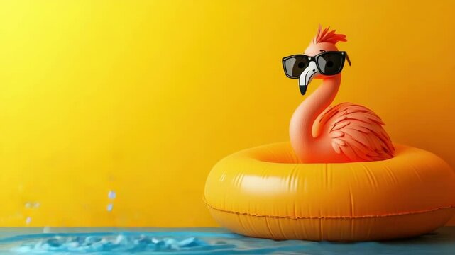 Inflatable flamingo wearing sunglasses floating in pool against yellow background
