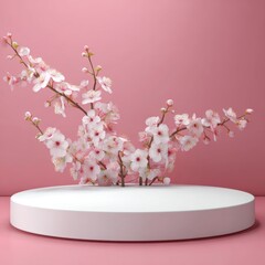 A 4K photo of white product display podium with blossom flowers on pink background. 3D rendering.