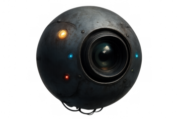 Metallic spherical robot drone with large camera lens and glowing red, orange, and blue lights, isolated on transparent background, ideal for futuristic or technological projects