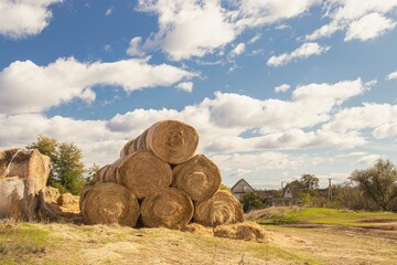 Straw bales on a farm in a field, against a blue sky, seasonal harvest, autumn.