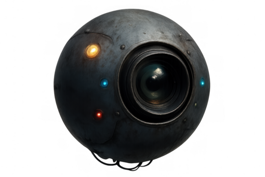 Metallic spherical robot drone with large camera lens and glowing red, orange, and blue lights, isolated on transparent background, ideal for futuristic or technological projects - Powered by Adobe