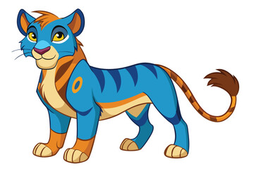 Cartoon Blue and Orange Striped Tiger with Brown Tail and Yellow Eyes Standing on a White Background Illustration