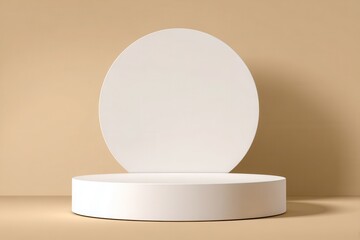 A 4K photo of white, round podium on a beige background for product presentation, a mockup design template with a place for a studio mock-up. A minimal concept, close-up.