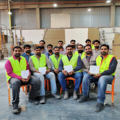 young indian garage worker sitting with group