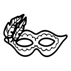Carnival mask with feathers. Hand drawn doodle vector. Secret face. Masquerade costume accessory. Festival decoration. Fashion, vintage style. Illustration line art element.