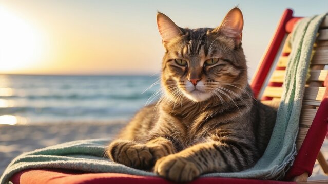 Relaxed Tabby Cat Lounging on Beach Chair Enjoying a Serene Sunset Over the Ocean