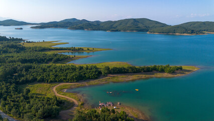 View of the artificial Plastiras or Tavropos lake in Thessaly, Greece