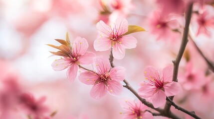 Obraz premium Delicate pink blossoms on a branch, soft focus background, springtime scene