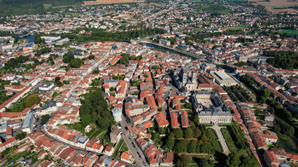 An Aerial panorama view with pan of the old town around the city Verdun in France on a sunny spring...