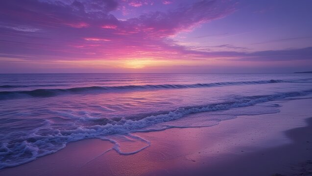 Beautiful purple sunset beach ocean waves seascape scenic nature landscape view - Powered by Adobe