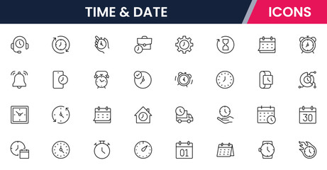 "Vector line icons of clocks, calendars, timers, schedules, deadlines, time zones, reminders, planning tools—ideal for apps, websites, and interfaces."