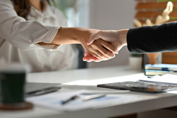 Close-up of Businesspeople making a formal handshake during a meeting, representing agreement,...