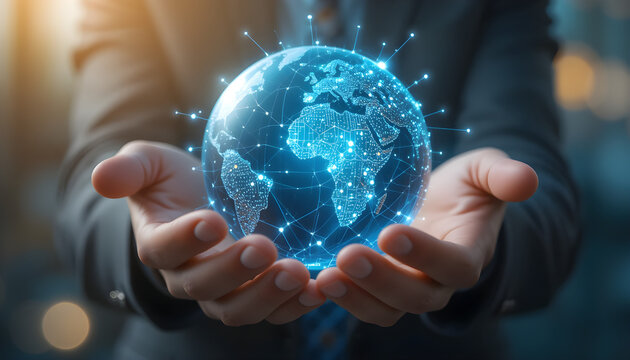 Holding Glowing Digital Globe World with Network Connections in Open Hands