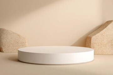 A 4K photo of white, round podium on a beige background for product presentation, a mockup design template with a place for a studio mock-up. A minimal concept, close-up.