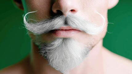 Close-up of Man with Sparkling White Mustache and Beard Against Green Background