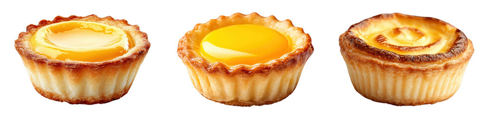 Assorted delicious egg tarts on a black background