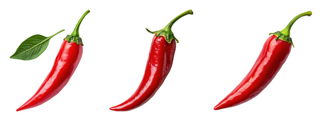 Fresh red chili peppers with green leaf on black background