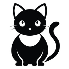 Charming Black Cat Illustration Adorned with a White Patch and Curled Tail Design for Prints and Stickers