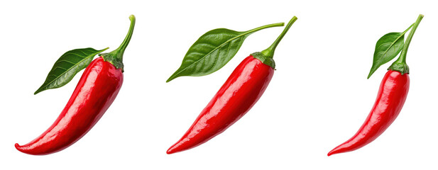 Fresh red chili peppers with green leaves on black background