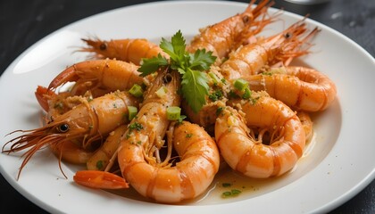 Gourmet Delight: Succulent Prawns Elegantly Served on a Plate Against Dark Background