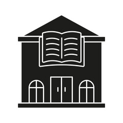 Library Building With Open Book Solid Icon. Knowledge Center, Education, And Learning Facility Silhouette Symbol. Academic Resource Hub. Isolated Vector Illustration
