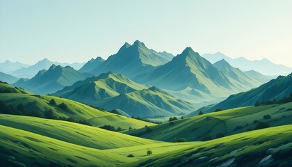 Verdant Peaks: Abstract Green Mountain Landscape in a Minimal Nature Vector Style