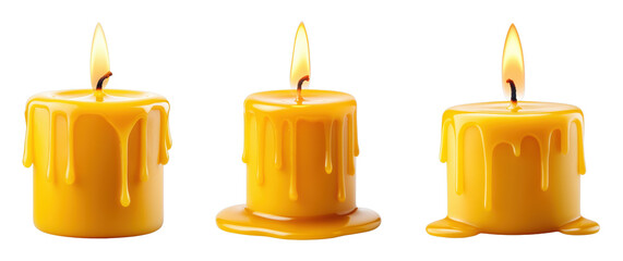 Trio of Melting Yellow Candles with Flickering Flames