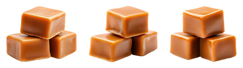 Assorted caramel cubes stacked creatively