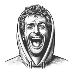cheerful young man wearing a hoodie, smiling widely with joyful energy and expressive eyes sketch engraving generative ai fictional character vector illustration. Scratch board. Black and white image.