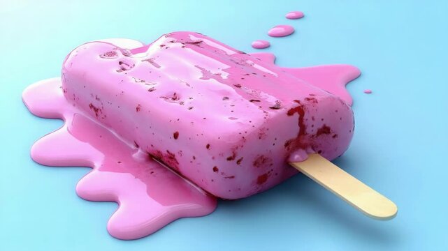 Pink melting ice cream popsicle on blue background