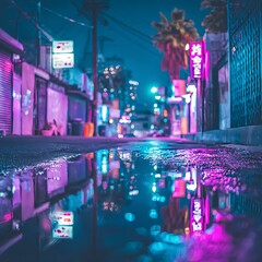 Neon alleyway reflected in puddle at night