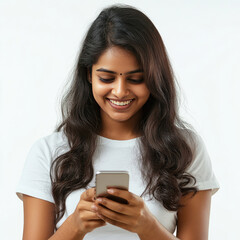 young indian woman smiling and using smartphone