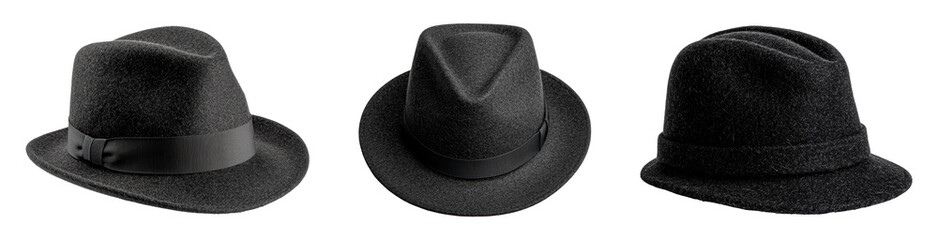 Stylish black fedoras in various angles