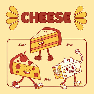 Whimsical cheese cartoon characters representing diverse varieties and flavors