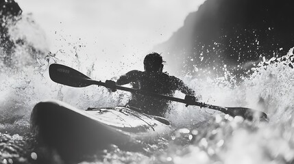 Kayaker in action: A grayscale masterpiece.