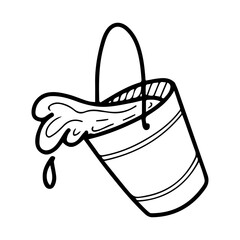 Bucket full of water. Hand drawn doodle vector. Metal container with handle. Pouring liquid. Splashed. Illustration line art element.