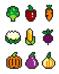 Set of pixel art vegetables icons in retro 8-bit style. Perfect for games, apps, or digital design.