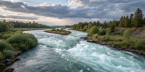 Scenic landscape of a rushing river flowing through a forest