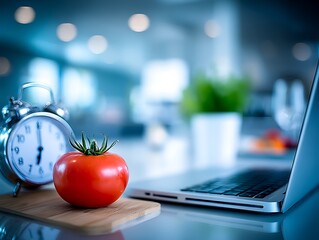 Tomato and clock on a laptop
