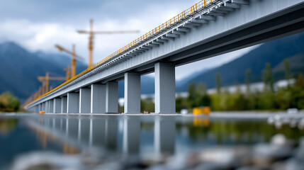 Fototapeta premium High-speed railway construction site in China with towering bridge pillars, safety-clad workers, and engineering equipment, ideal for illustrating modern transit and infrastructure growth. railway 
