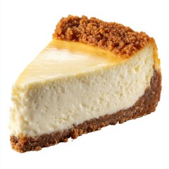 A delicious slice of creamy cheesecake with a graham cracker crust and caramel topping